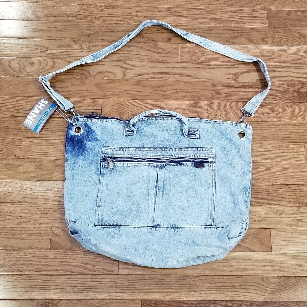 Shane vintage acid wash denim jean crossbody zip-up tote